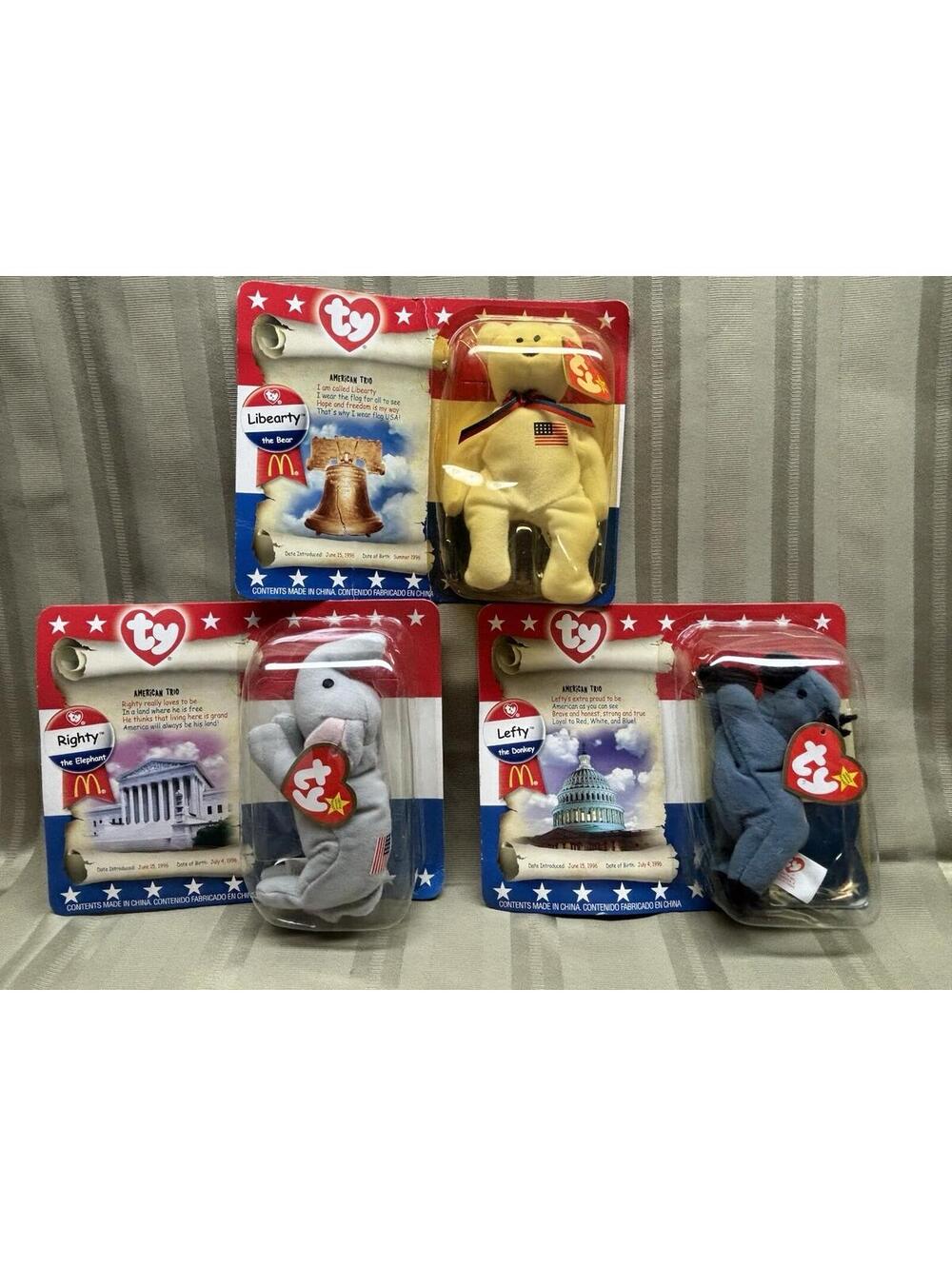 102 - McDonald's TY Teenie Beanies American Trio Libearty, Lefty, Righty Vintage